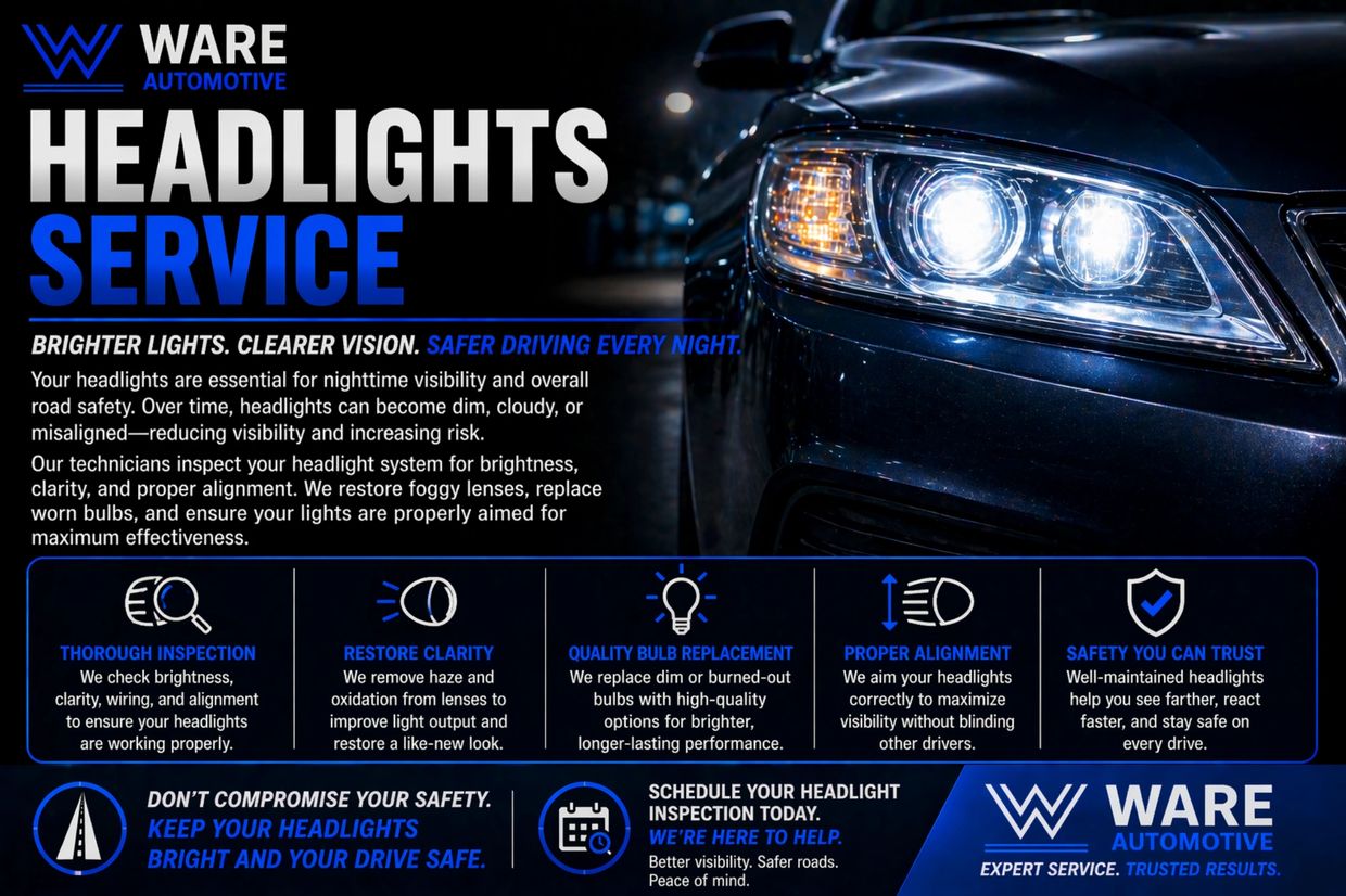Ware Automotive offers expert headlight service for brighter, clearer, and safer nighttime driving.