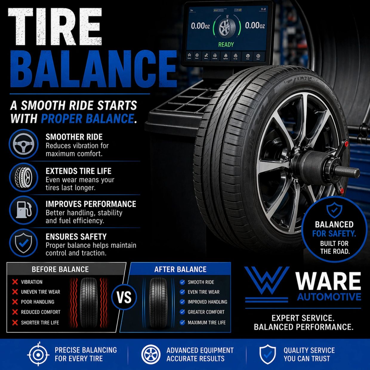Tire balancing ensures smoother rides, longer tire life, and improved handling for safety and comfort.