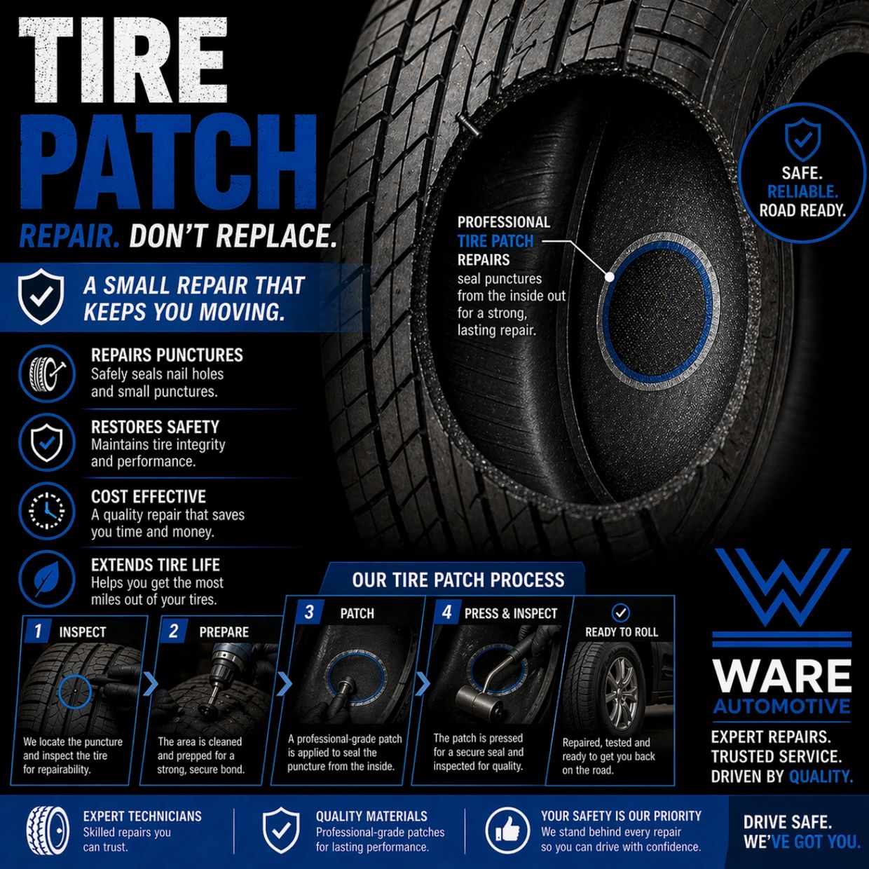 Informative tire patch repair guide emphasizing safety, cost-effectiveness, and quality service.