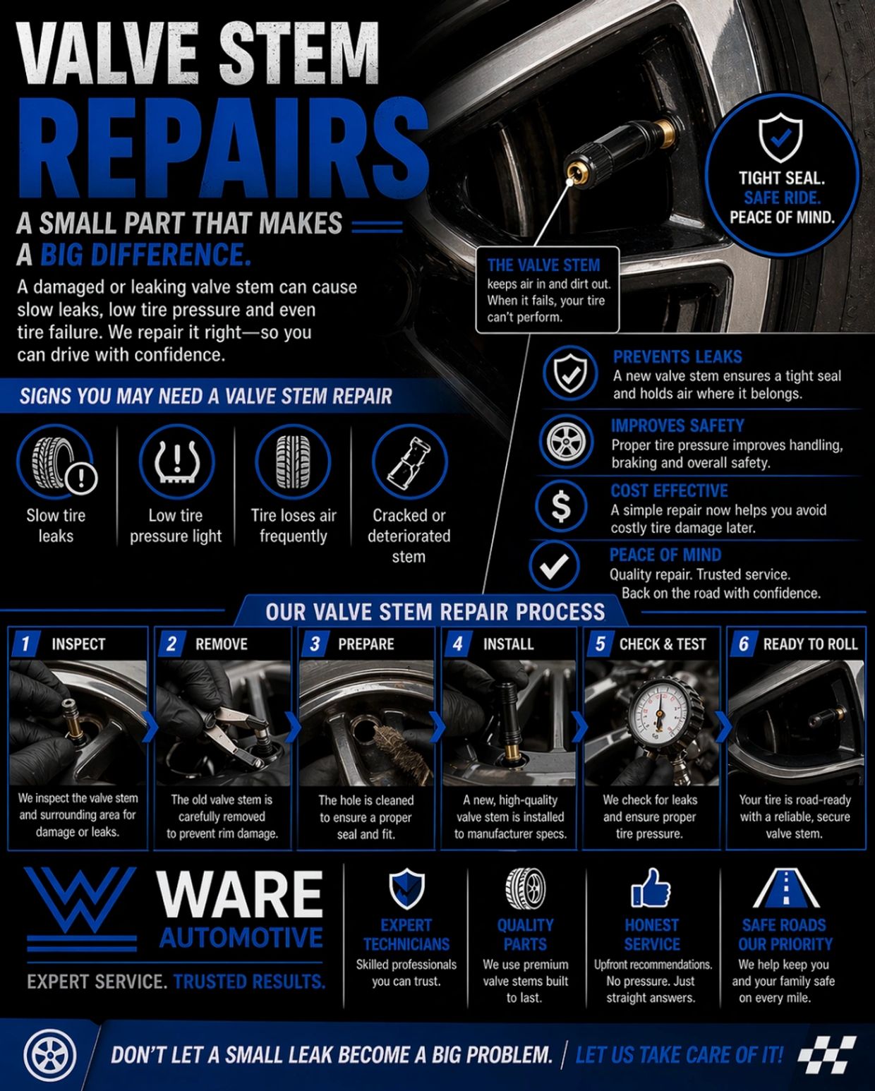 Valve stem repairs ensure safe, leak-free tires with expert service and trusted results.