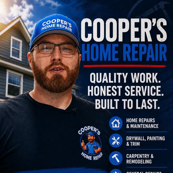 Man in Cooper's Home Repair uniform with company services listed.