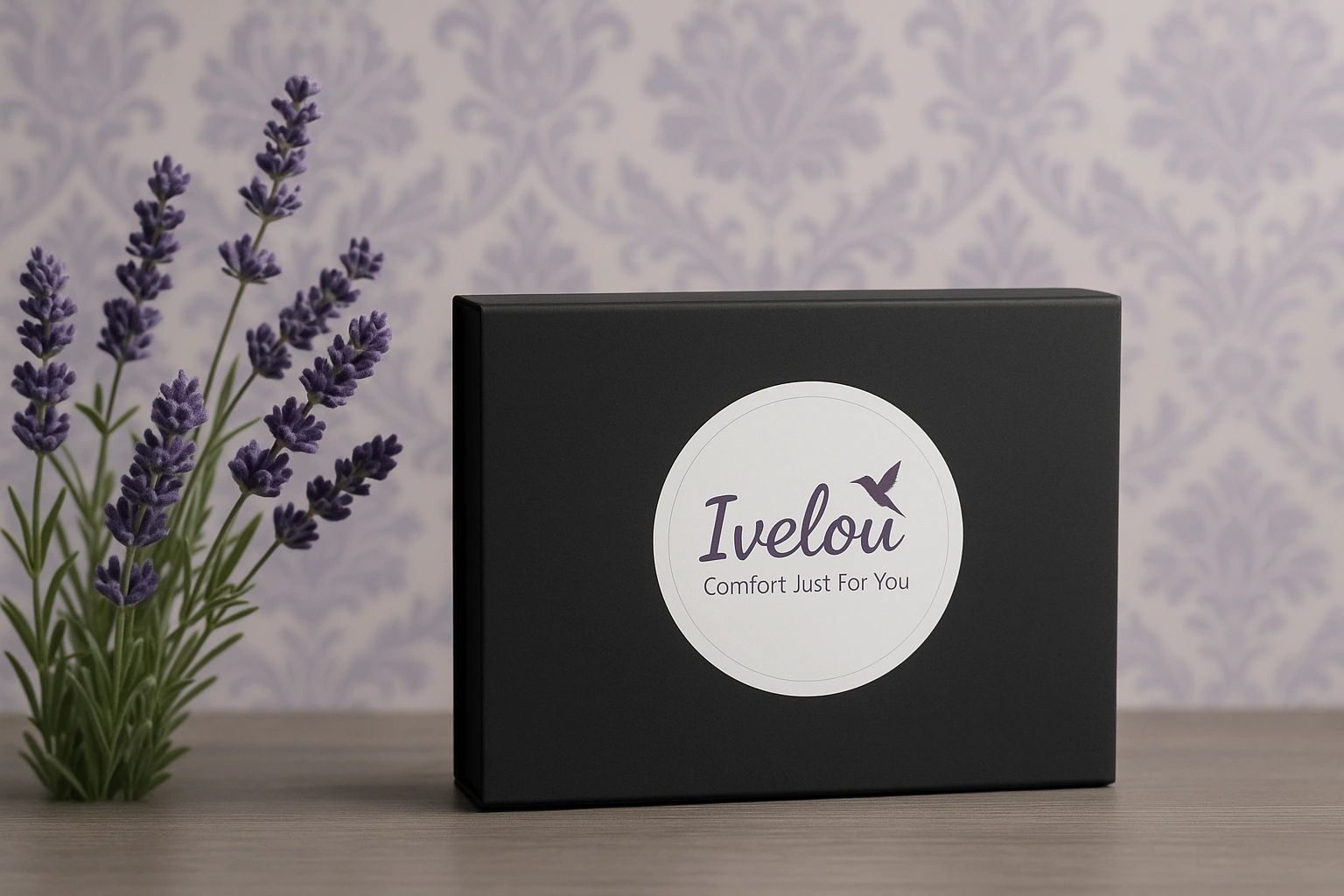Black box with Ivelou branding and lavender flowers beside it.