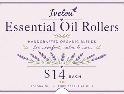 Ad for Ivelou Essential Oil Rollers, handcrafted organic blends for comfort and care, priced at $14 each.