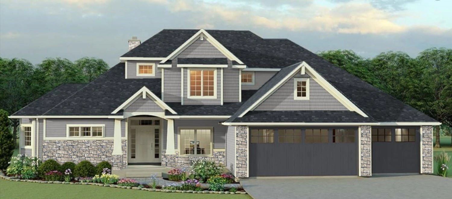 Modern two-story house with stone accents and a three-car garage.