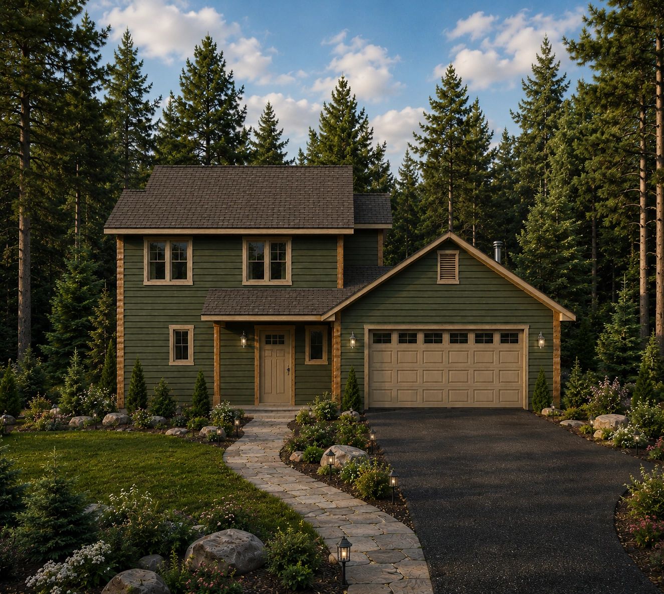 Green two-story house with a stone pathway and forest backdrop.