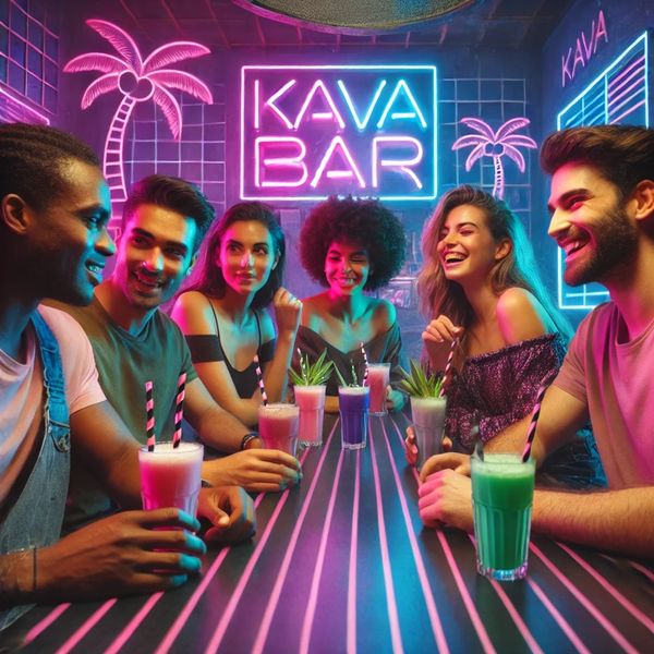 Group of people at a table, having a good time in a kava bar