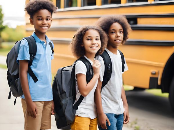 Three smiling children with backpacks standing near a school bus.
