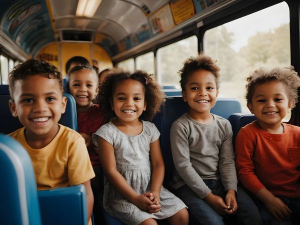 Happy kids sitting on a school bus.