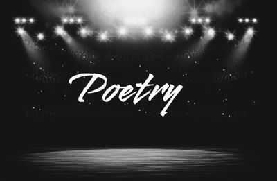 Spotlights shine on the word 'Poetry' on a dark stage.