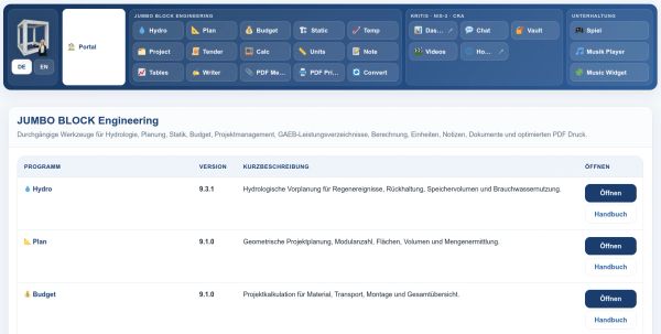 Die Engineering Suite berechnet den hydrologischen Rückhaltebedarf, Module, Layout und Kosten.