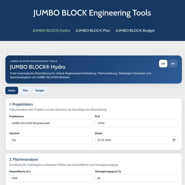 JUMBO BLOCK Engineering Tools Hydro, Plan und Budget.
