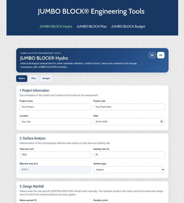 Use the JUMBO BLOCK Engineering Tools, JUMBO BLOCK Hydro, JUMBO BLOCK Plan and JUMBO BLOCK Budget.