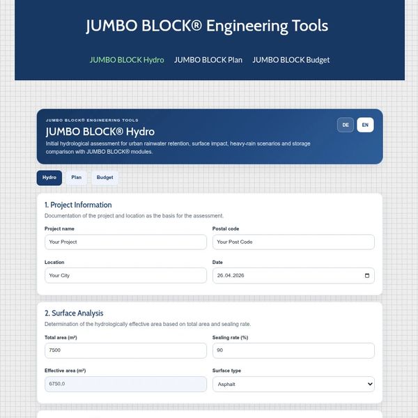 Use the JUMBO BLOCK Engineering Tools, JUMBO BLOCK Hydro, JUMBO BLOCK Plan and JUMBO BLOCK Budget.
