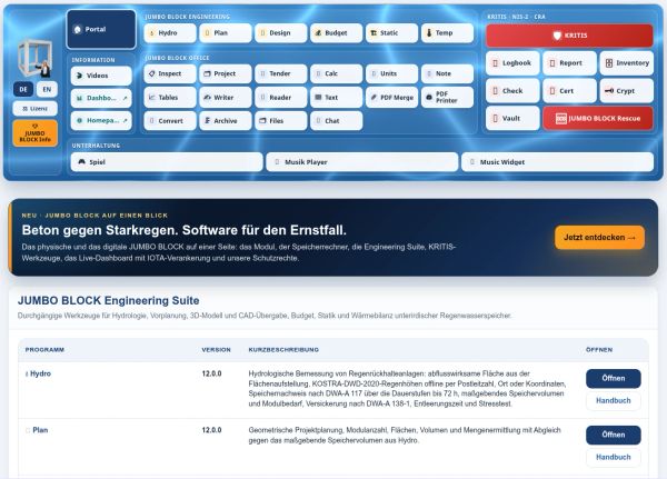 Die Engineering Suite berechnet den hydrologischen Rückhaltebedarf, Module, Layout und Kosten.