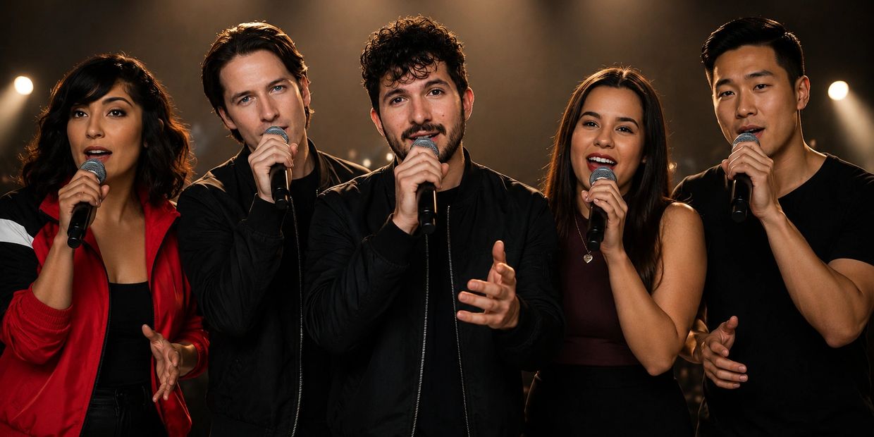 Five diverse singers performing passionately with microphones on stage.