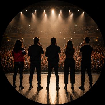 Five performers stand on stage facing a large audience under bright stage lights.