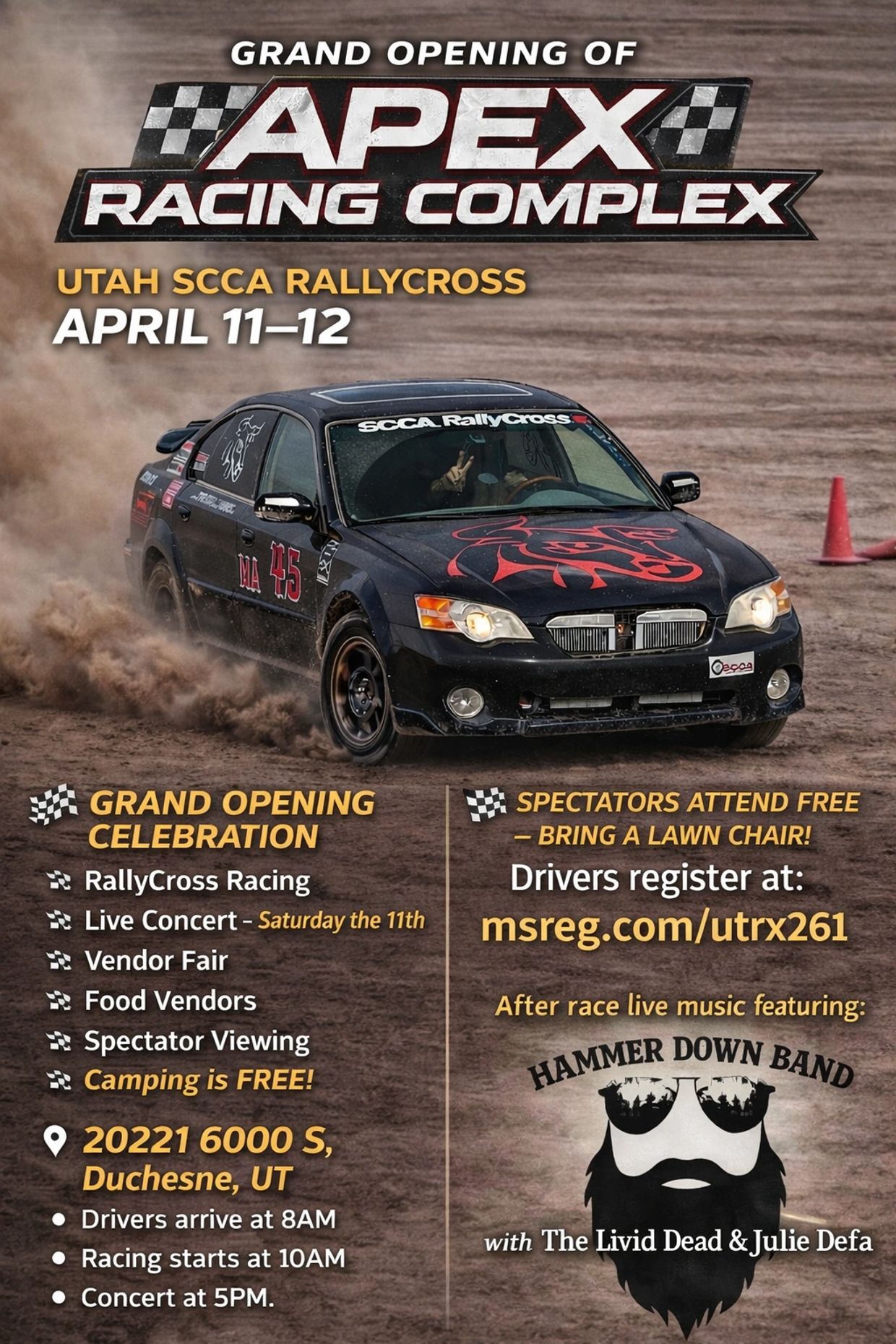 Grand opening of Apex Racing Complex with Utah SCCA Rallycross event on April 11-12.