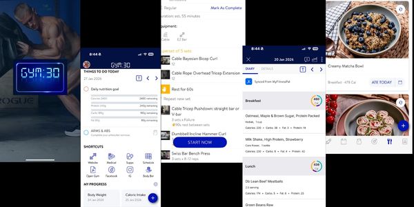 Fitness app screenshots showing workout plan, nutrition goals, and meal tracking.