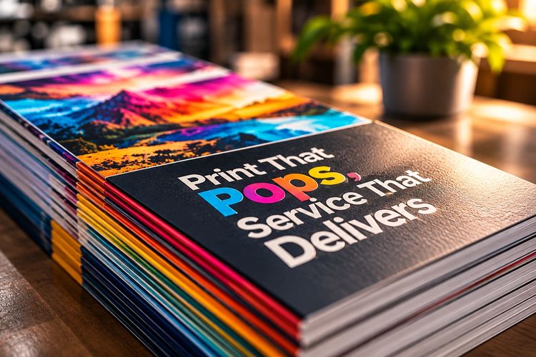 Stack of vibrant printed booklets on a wooden table.