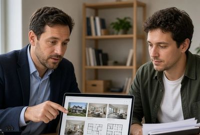 Two men reviewing real estate plans on a laptop.