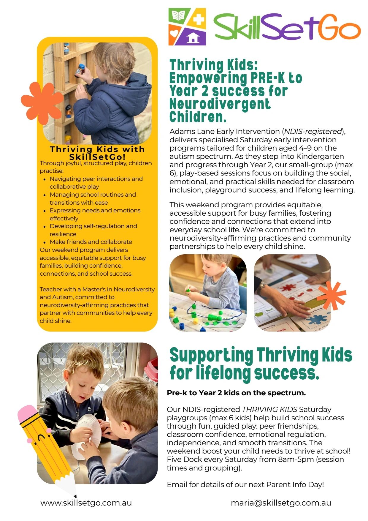 SkillSetGo offers early intervention programs for neurodivergent children aged 4-9 to support social, emotional, and practical skills.