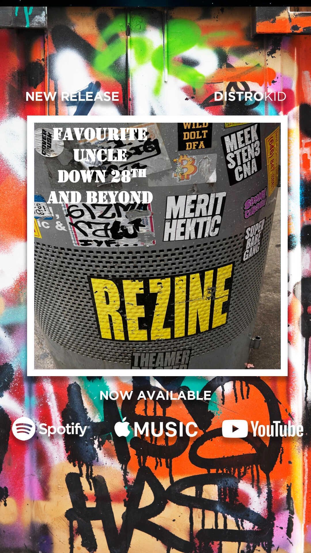 Graffiti-covered trash can with music release announcement and streaming platforms logos.