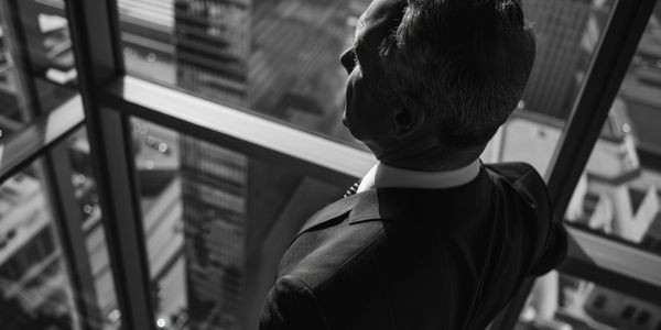 Man in a suit looking out from a skyscraper window at a cityscape, in black and white.