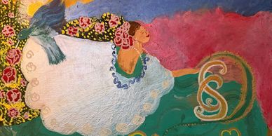 Colorful painting of a woman in traditional dress with flowers and a bird.