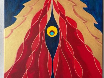 Abstract painting with red and beige shapes and a central yellow and blue circle.