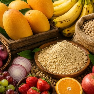 Fresh fruits, powdered soy, and vegetables arranged on a table.