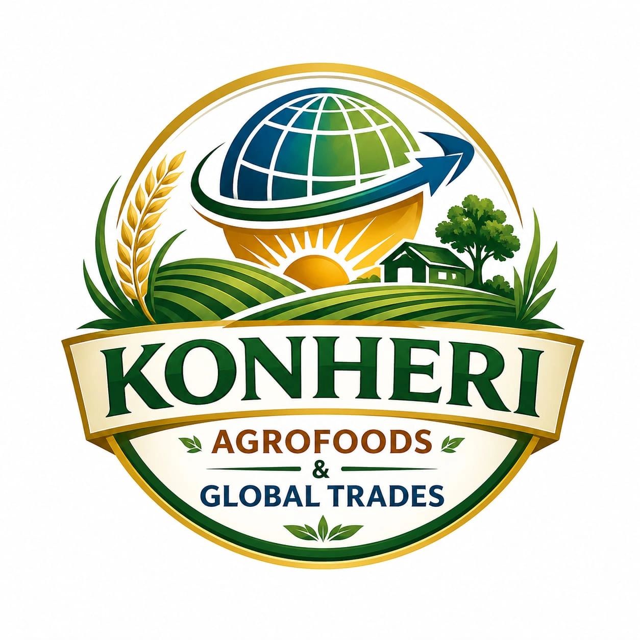 Logo of Konheri Agrofoods &amp; Global Trades with agricultural and global elements.