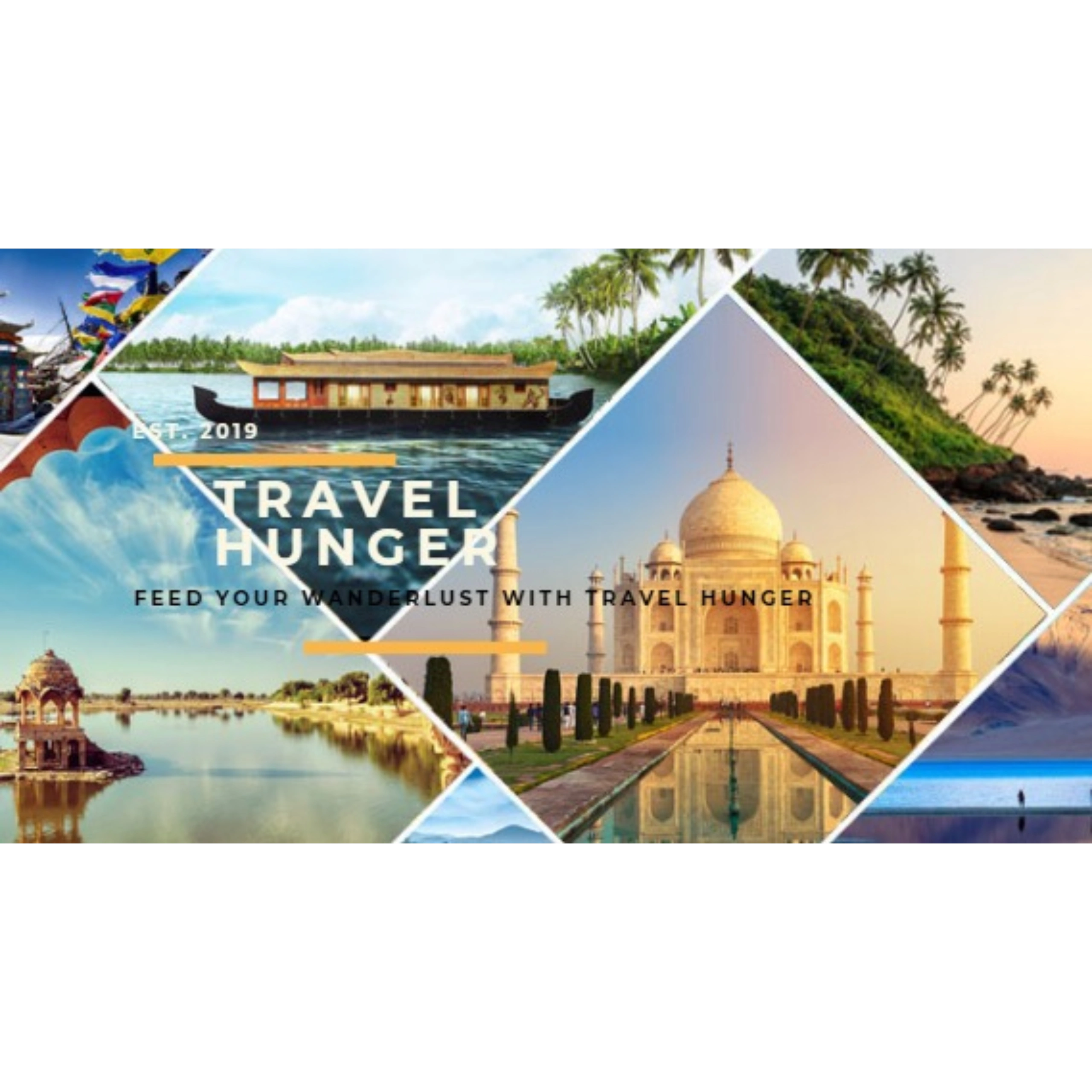Travel Hunger collage featuring iconic global landmarks and serene landscapes.
