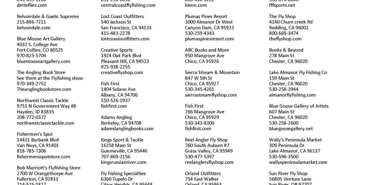 List of fishing stores and outfitters with contact details.