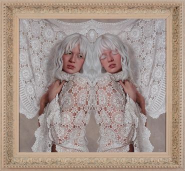 Oil painting in mirror image style of a lady  leaning against herself draped in white lace