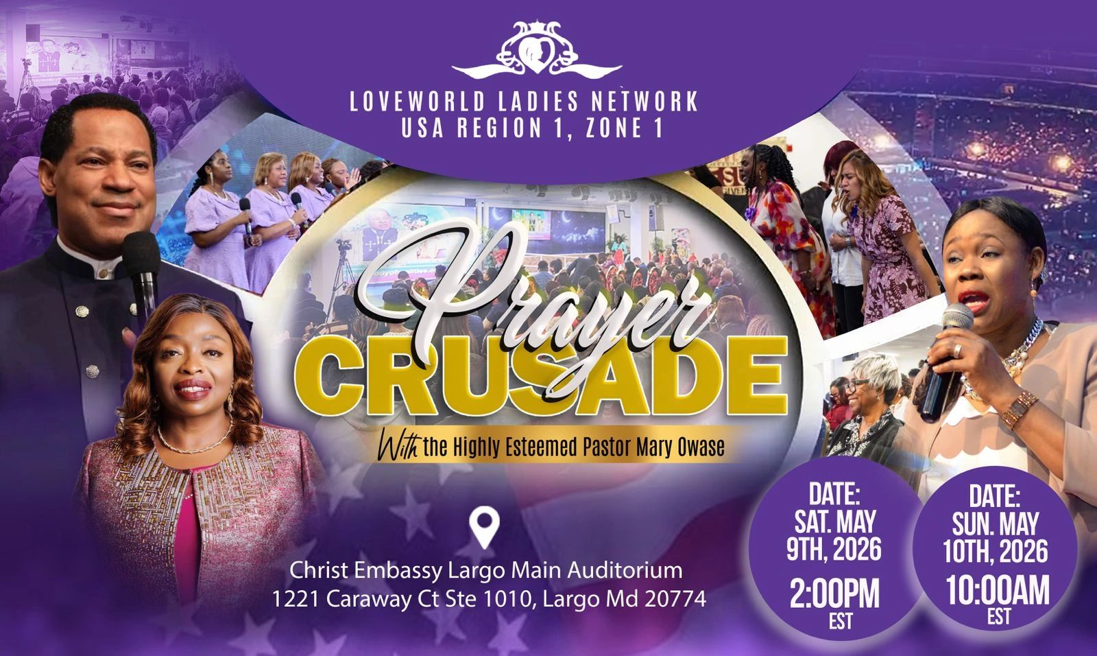 Prayer Crusade event with Pastor Mary Owase at Christ Embassy Largo in May 2026.