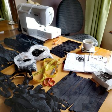 Sewing machine and materials laid out for work