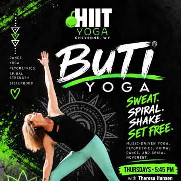 Woman practicing yoga pose promoting HIIT BUTI Yoga.
