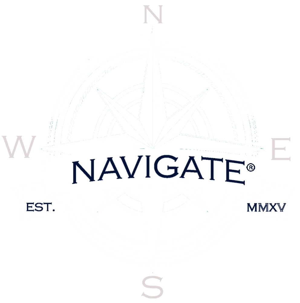 Compass rose logo with the word 'NAVIGATE' and establishment year MMXV.