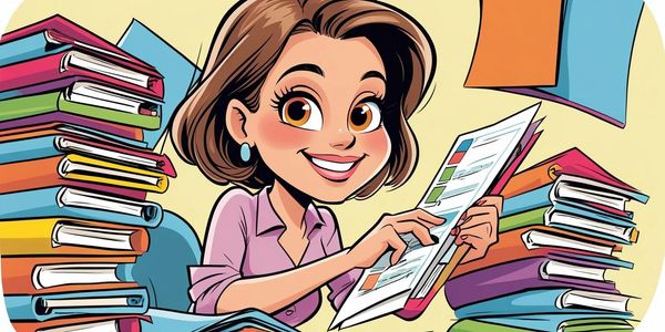 Cartoon woman happily reading documents surrounded by stacks of books.