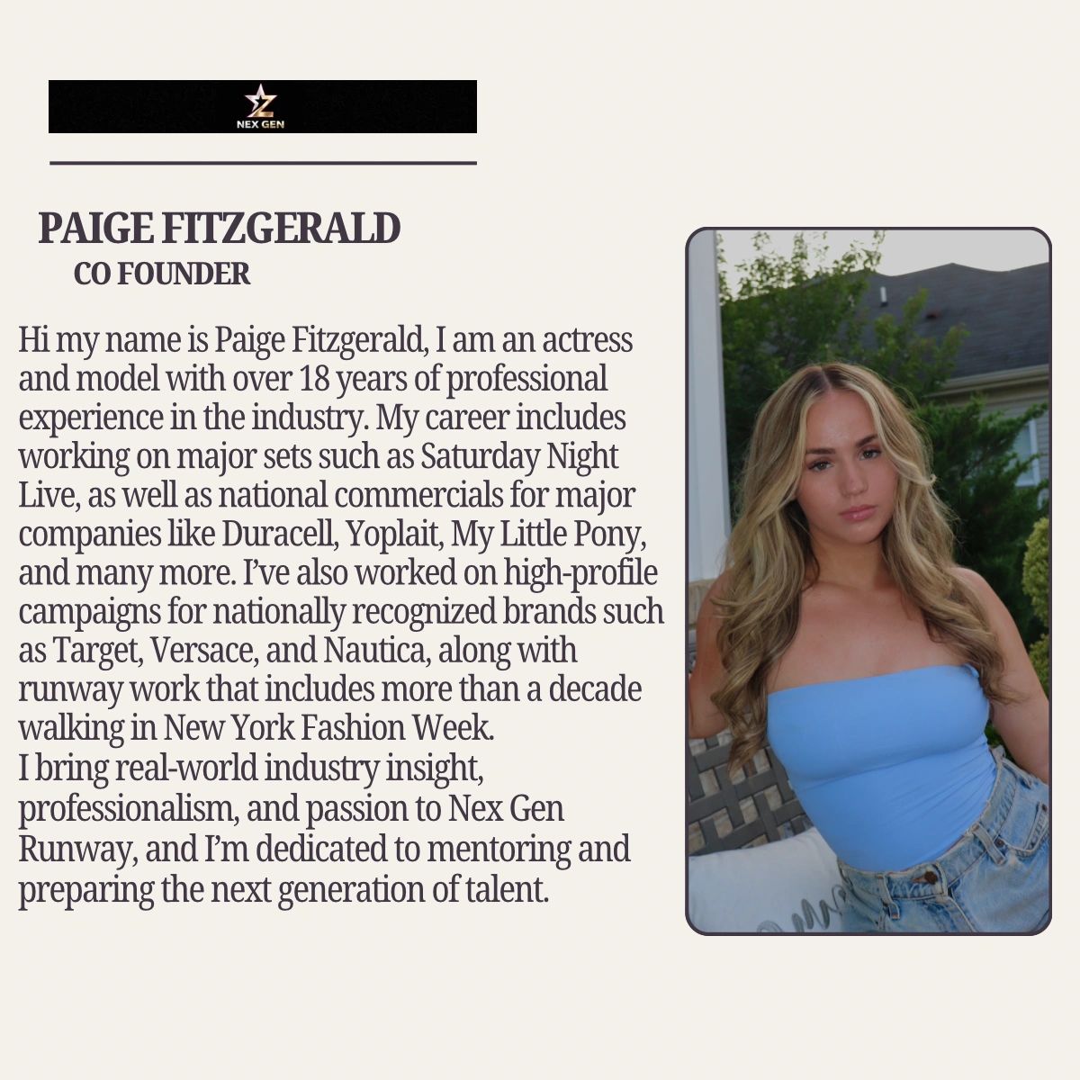 Paige Fitzgerald, co-founder, actress, and model with 18+ years of industry experience.