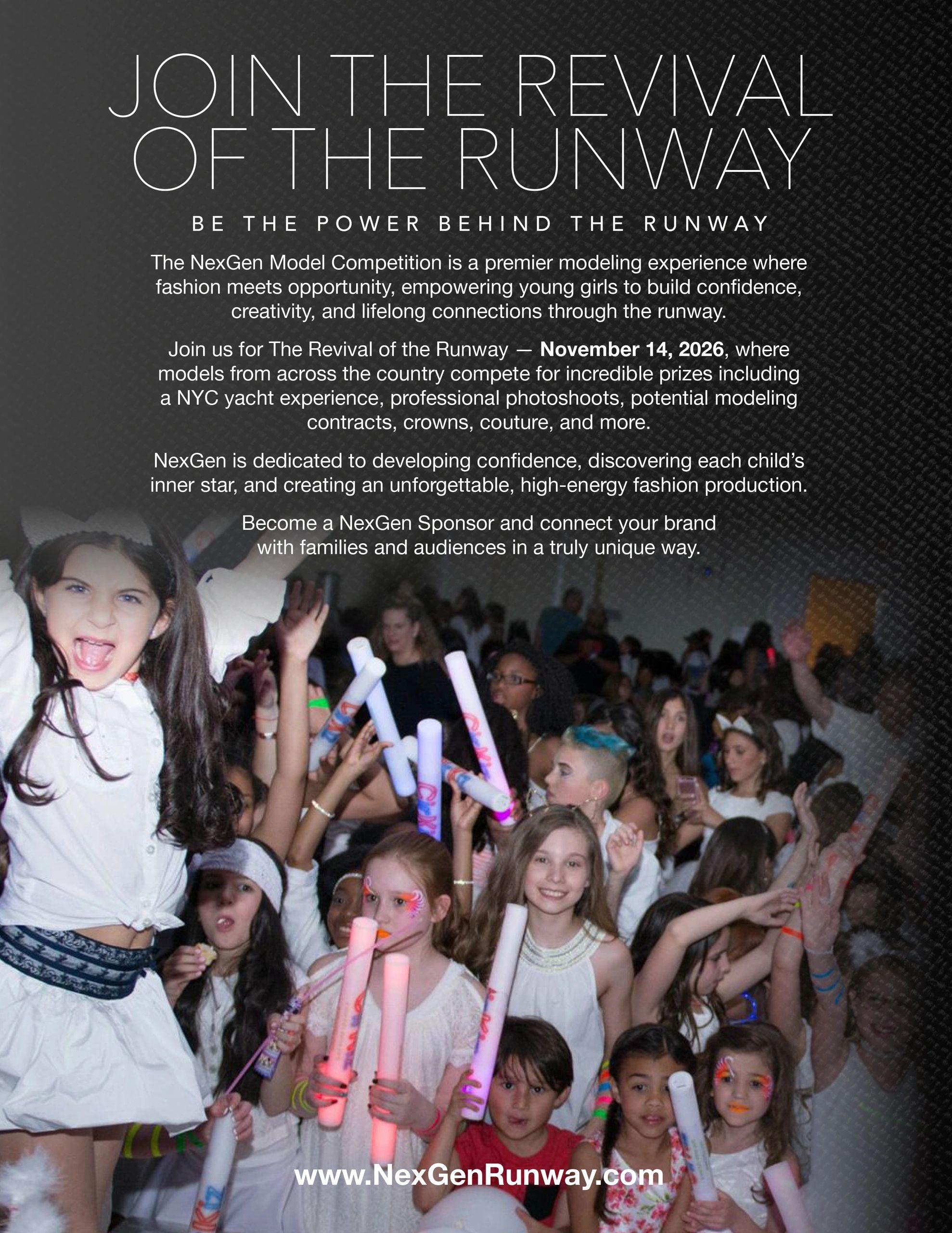 Energetic kids celebrate at NexGen Model Competition, a vibrant youth fashion event.