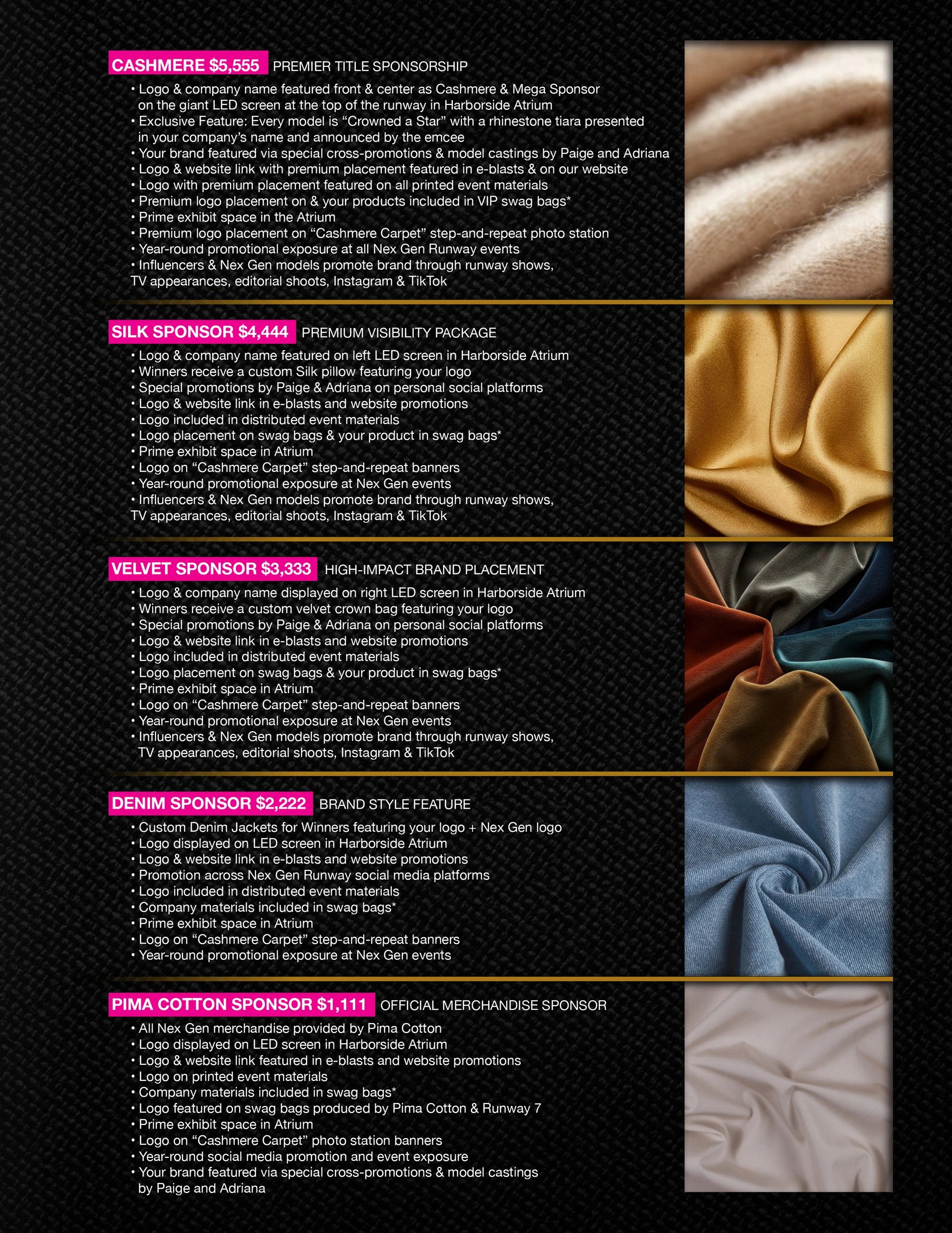 Sponsorship tiers showcasing fabric textures and promotional benefits for Cashmere, Silk, Velvet, Denim, and Pima Cotton.