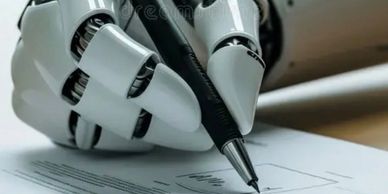 A robotic hand holding a pen and writing on paper.