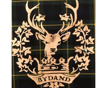 Gordon highlanders cap badge.  With gordon clan tartan background.   Large rustic wood artwork.