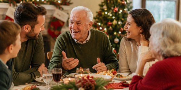Family happily sharing a meal around the table during Christmas.