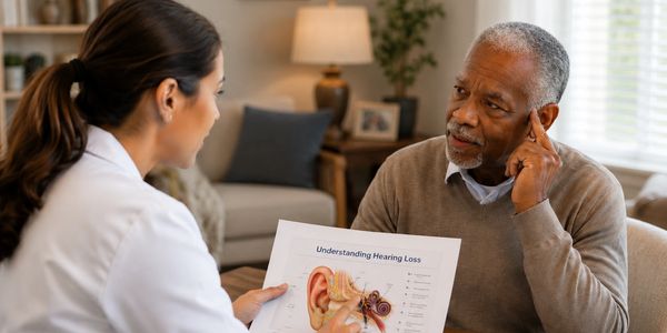Woman explaining hearing loss to elderly man.
