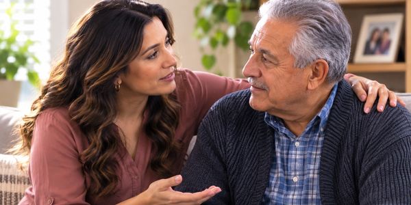 Woman comforting an elderly man indoors.