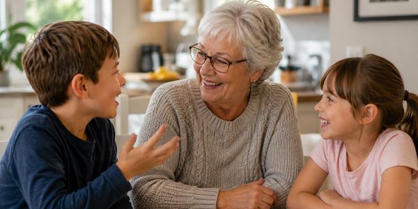 Grandmother happily talking with grandchildren at home.