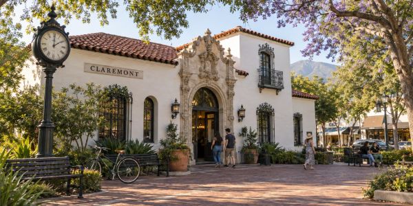 Historic Claremont building with people outside.