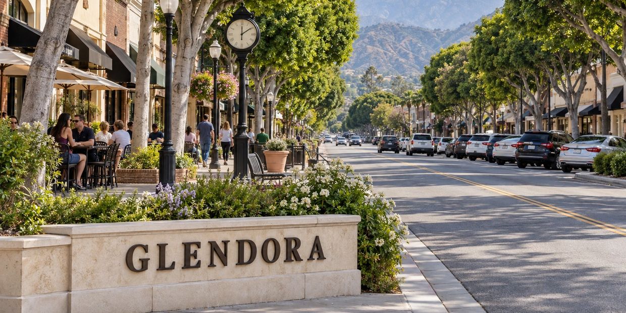 Downtown Glendora street with people and cars on a sunny day.